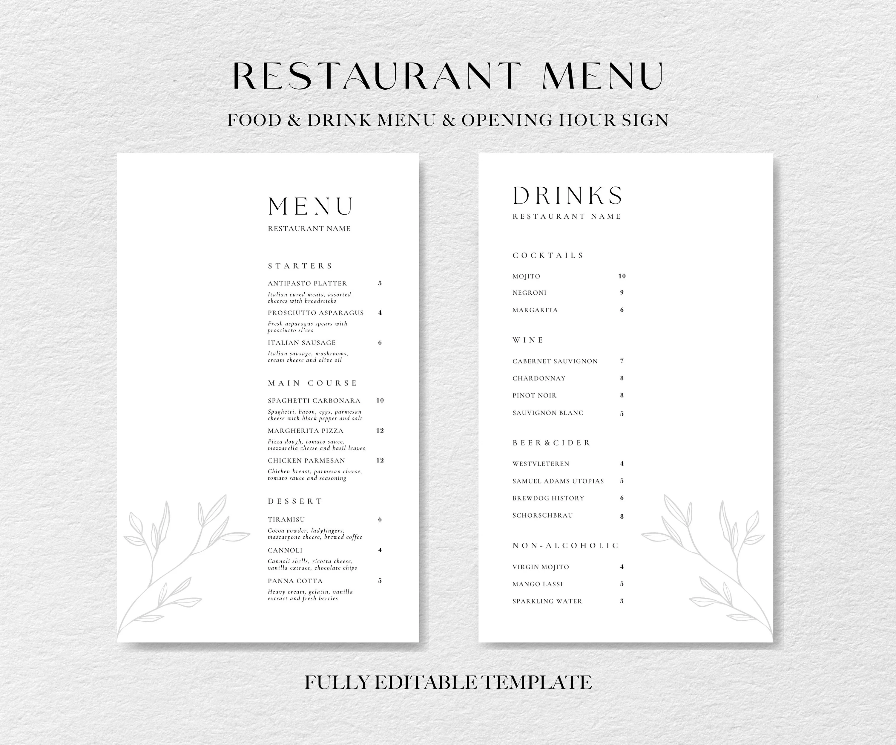 Siberia Elegant Minimal Menu Template – Sophisticated A4 & US Letter Digital Download Bundle for Restaurants & Events