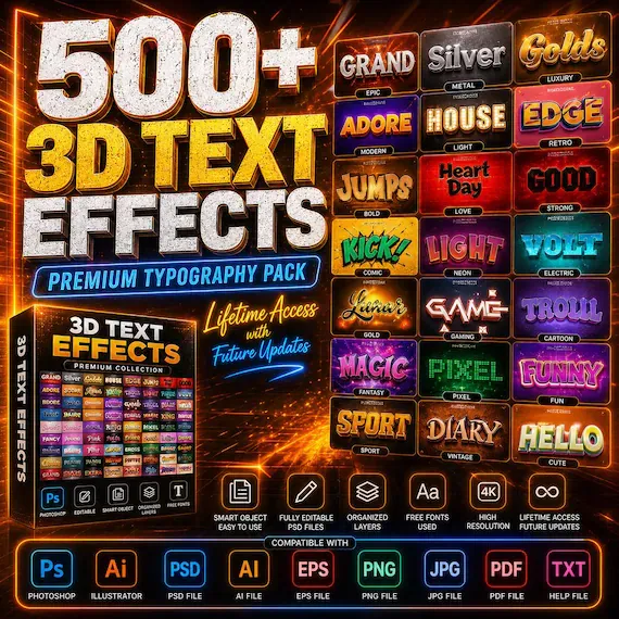 10 Premium 3D Text Effects Bundle – Instant Photoshop Layer Styles & Graphic Design Template – Professional Digital Download