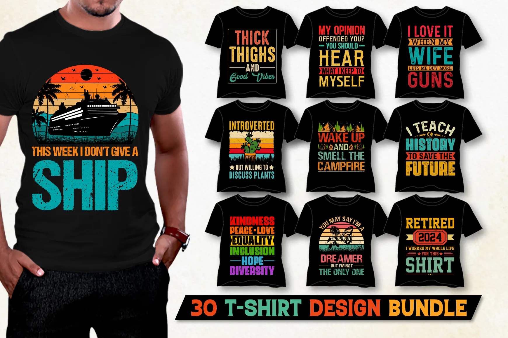 25 Retro Vintage T-Shirt Designs Bundle | Premium Graphic Templates for POD | High-Resolution Vector Files | Instant Digital Download