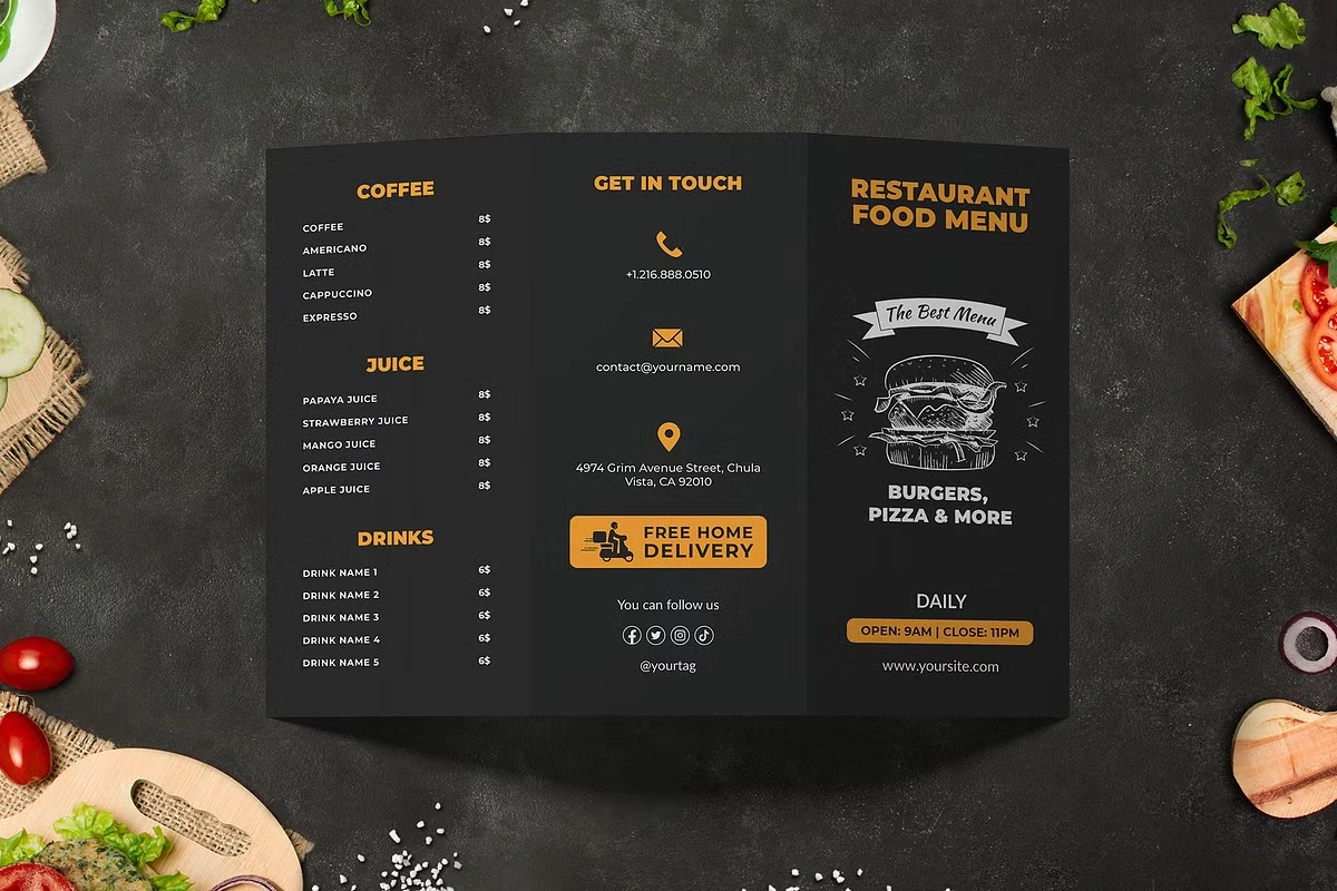 Restaurant Menu Flyer Template – Professional Landscape Food Menu Design for Restaurants & Cafes – Fully Editable Digital Download