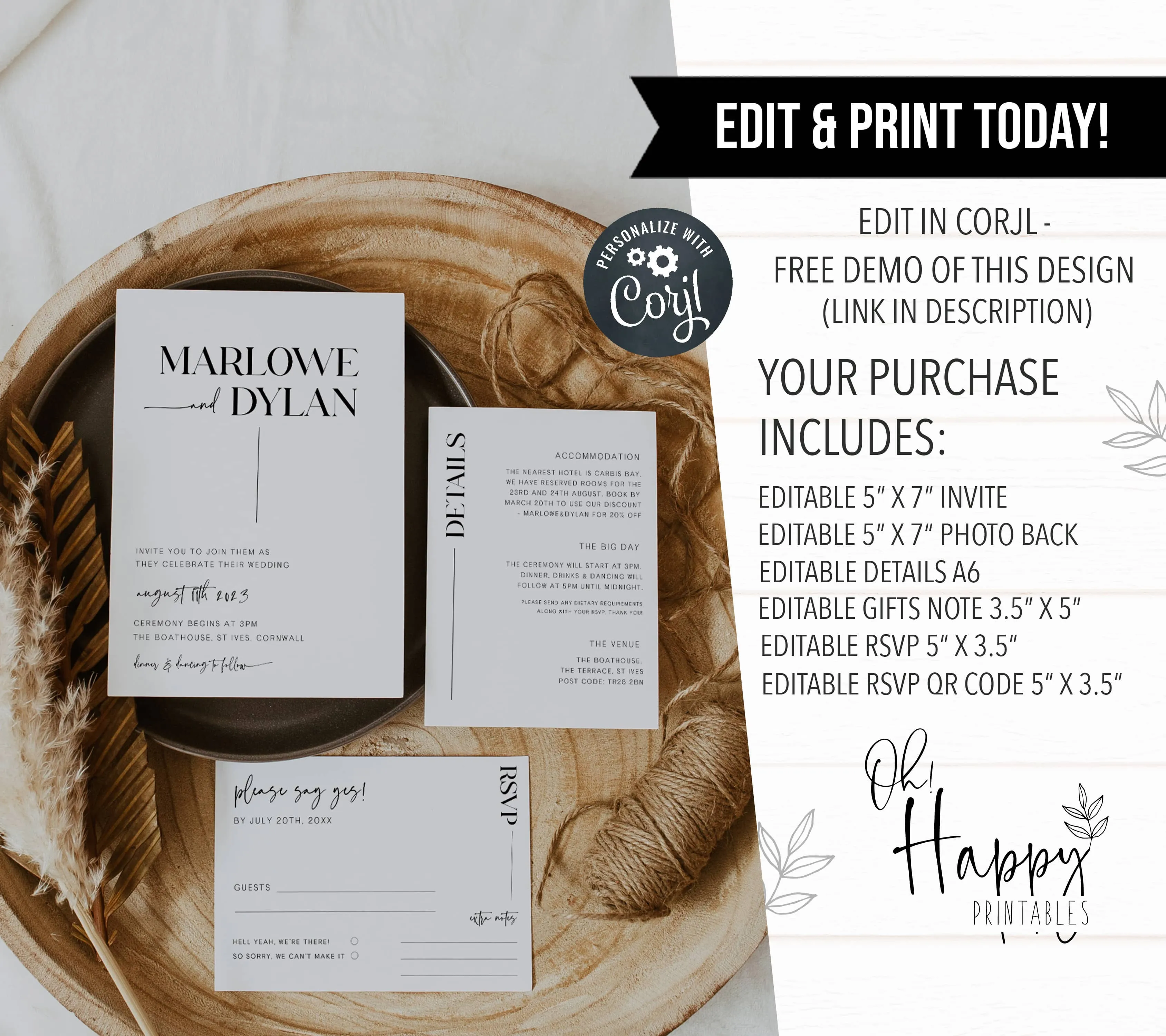 Elegant Wedding Invitation Suite Template Bundle – Customizable Digital Download for DIY Modern & Minimalist Stationery Designs