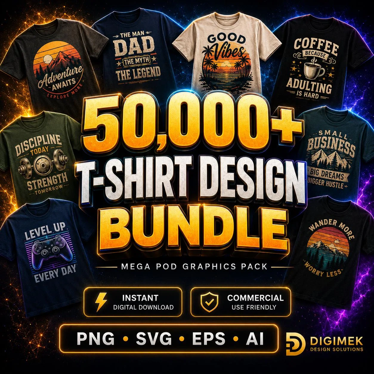 Ultimate T-Shirt Design Bundle Vol. 2: 50+ Premium Vector Graphics & Editable Templates | Instant Digital Download for Merch Creators