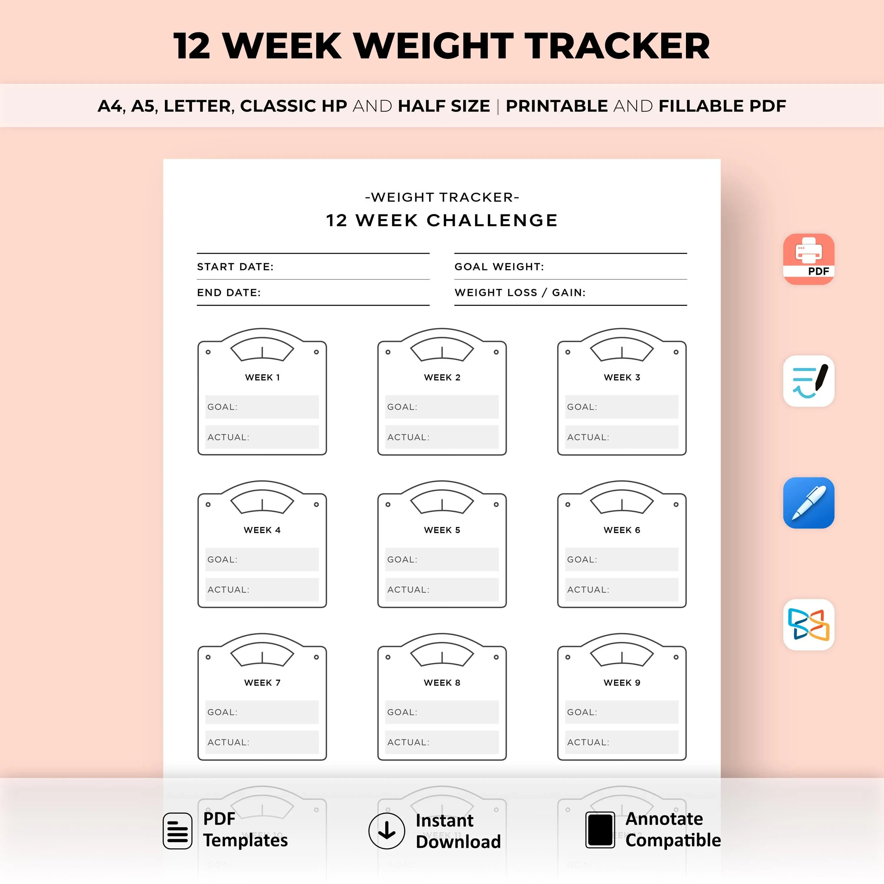 12-Week Weight Loss Planner: Ultimate Digital Transformation Bundle & Fitness Tracker Template