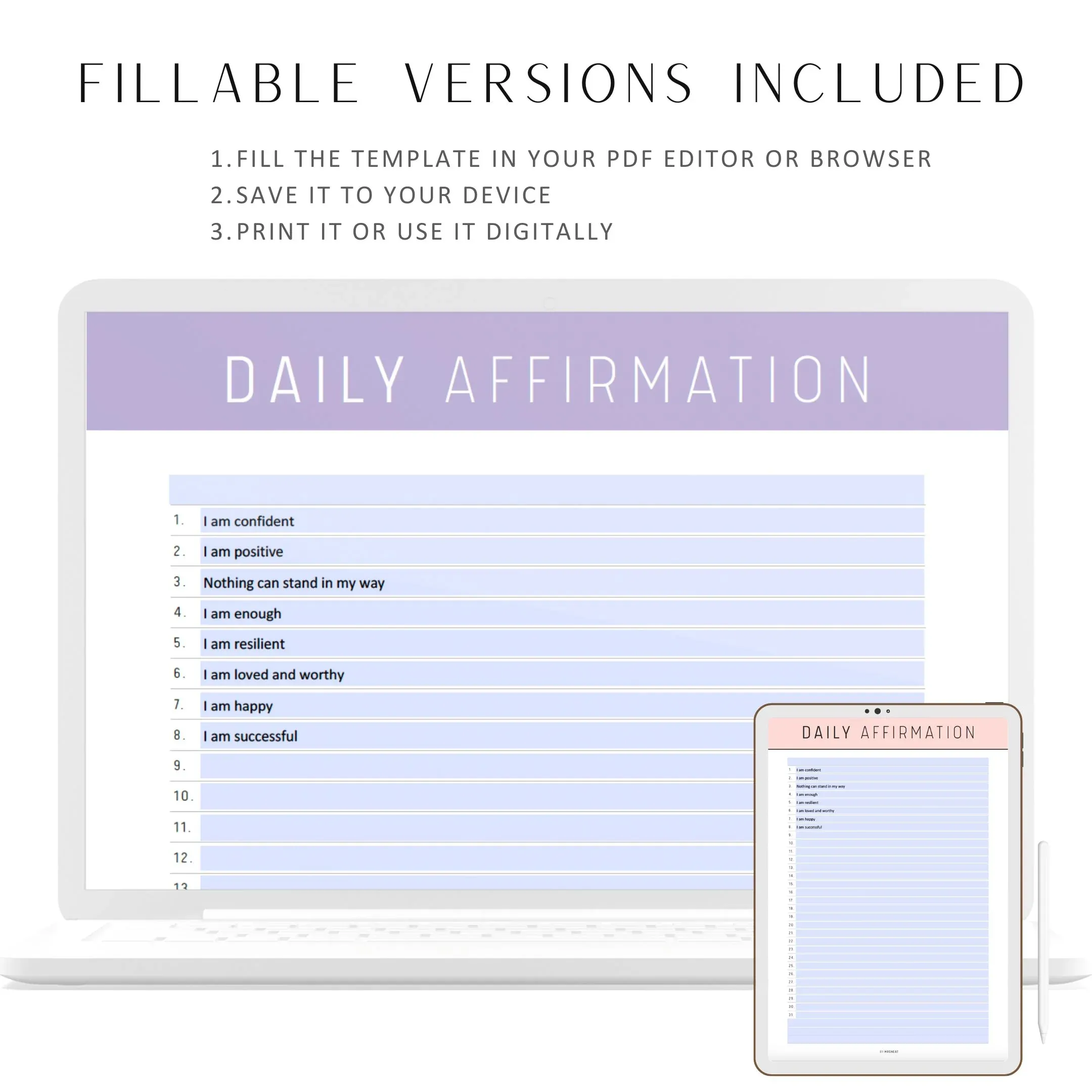 Daily Affirmations Journal: Manifest Your Best Self | Digital Download & Printable Template Bundle for Daily Mindfulness & Positive Growth