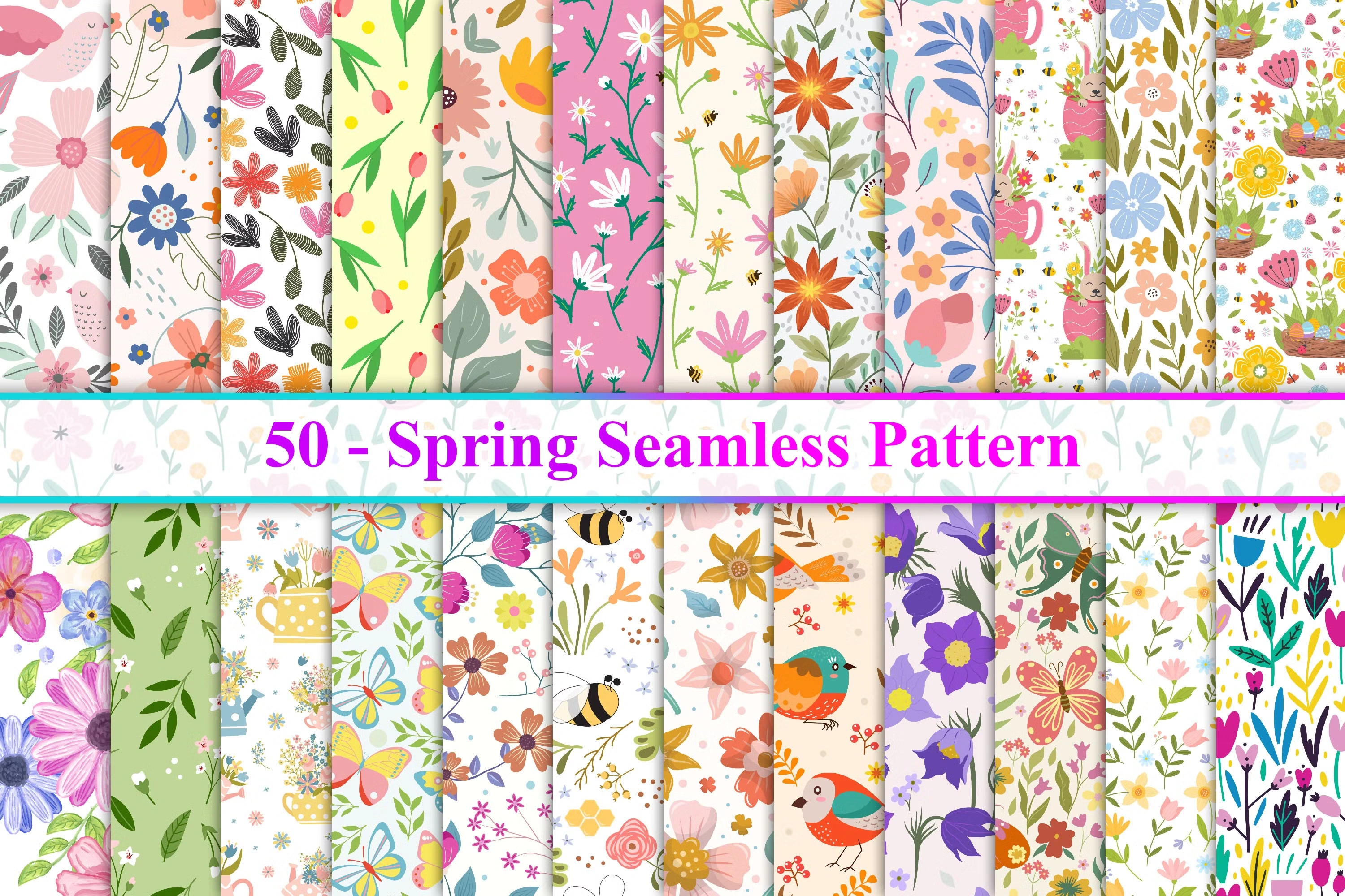 Spring Illustration & Seamless Pattern Bundle – 50+ Hand-Drawn Floral Elements for Digital Design, Branding & Stationery – Instant Download