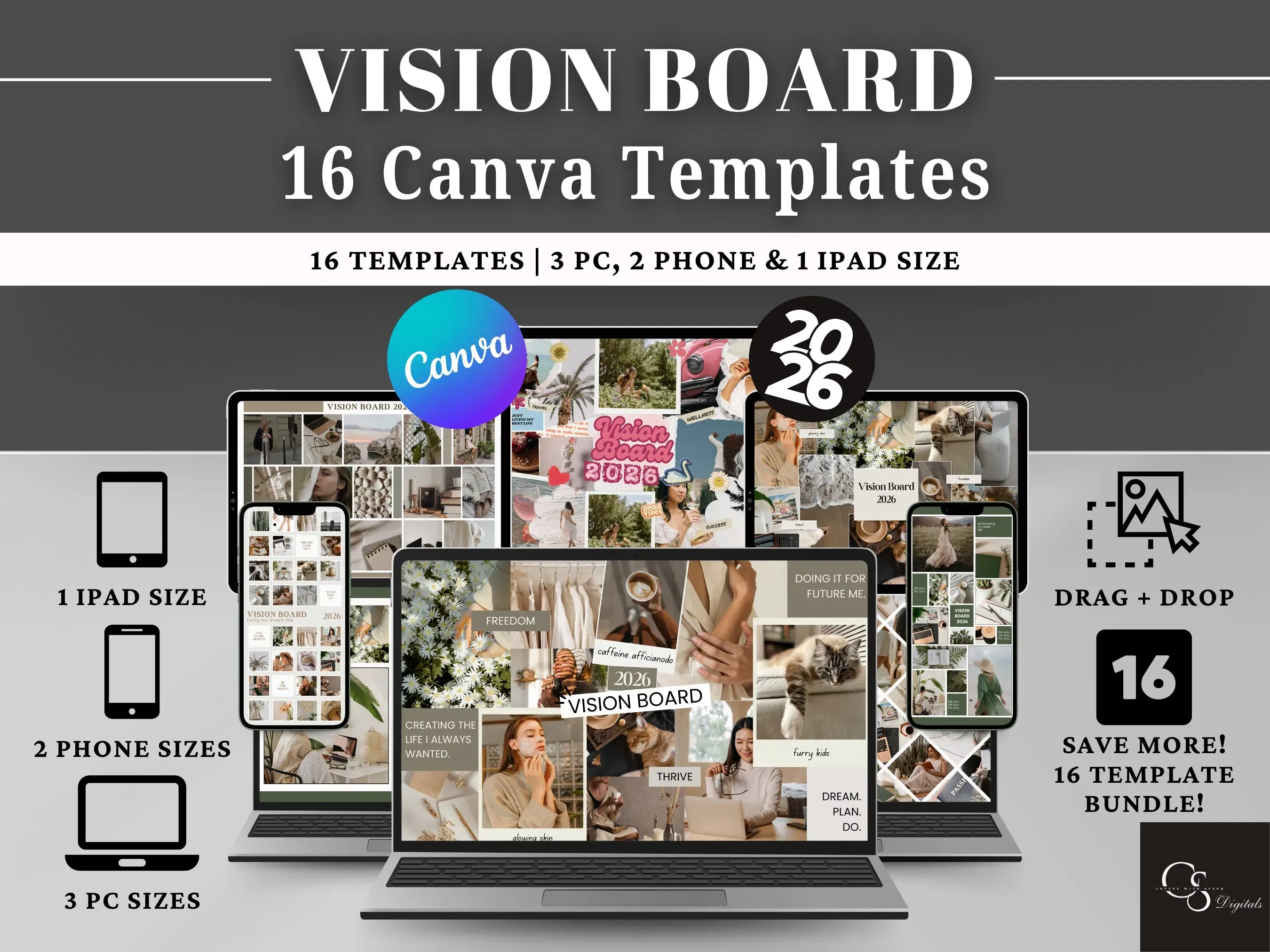 Vision Board Planner Canva Template Bundle: Manifest Your Goals & Design Your Dream Life (Digital Download)